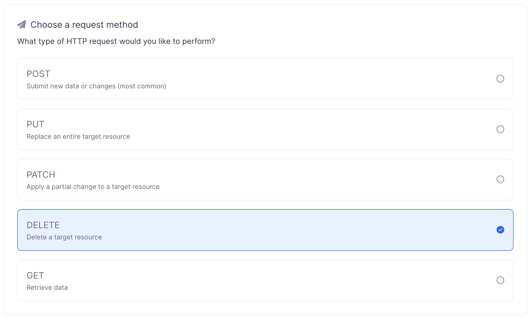 Select the DELETE request method